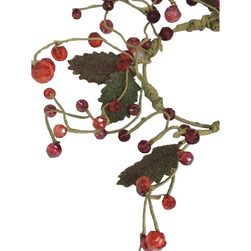 Burgundy Berry Green Leaves Wreath Candle Ring Rustic Wire Red Country Folk Art